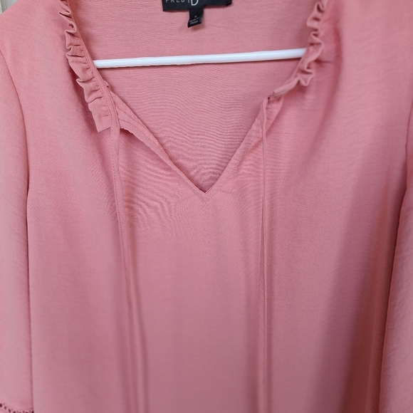 Fred David Boho Blouse SzS Detailed Puff Long Sleeves Tie Front Ruffle Neck Pink - Picture 3 of 8